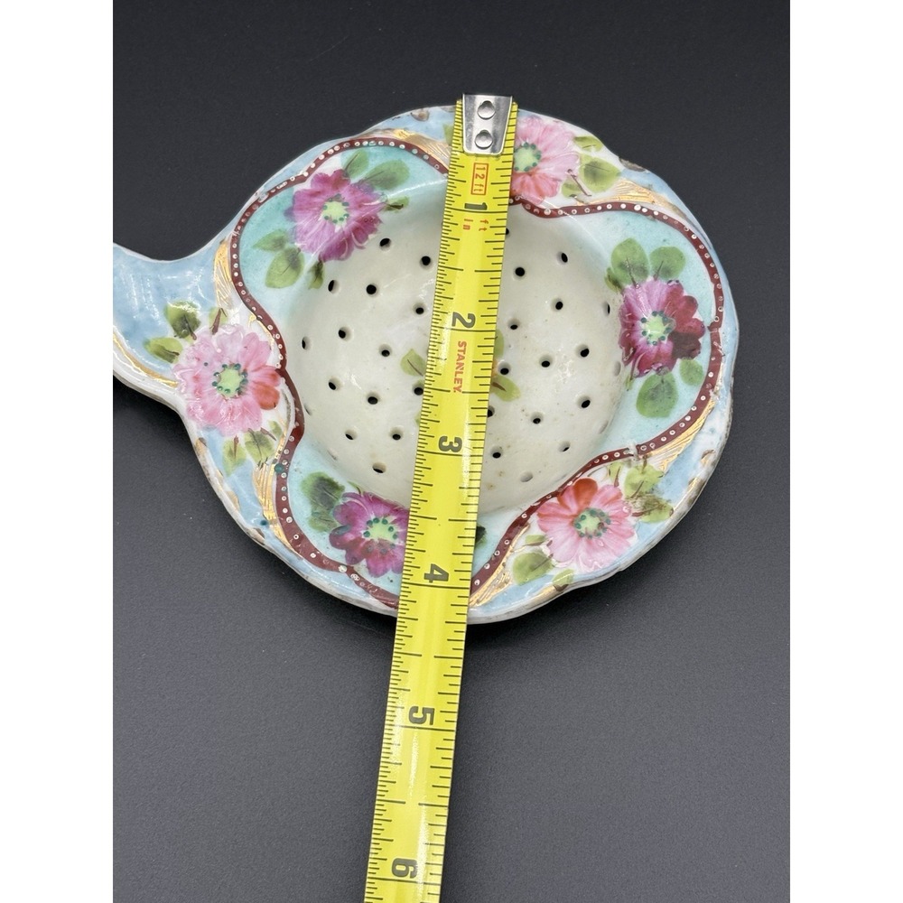 Antique Hand Painted Porcelain Tea Strainer Vibrant Pink Roses Gold Moriage Trim - Picture 8 of 8